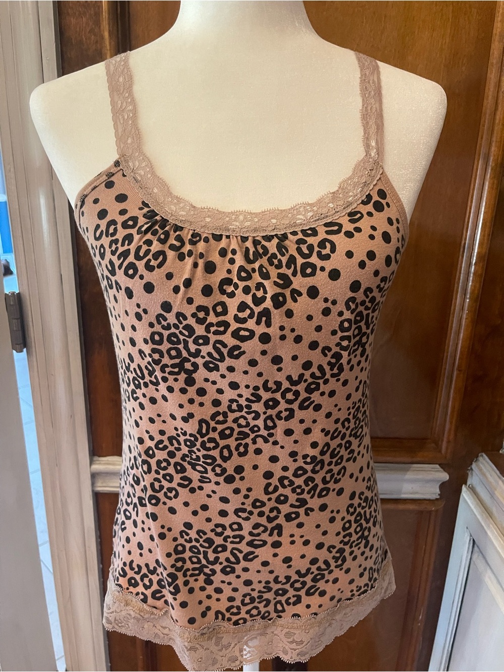 Lace-Trim Leopard Cami Tank - Taupe/Black size small to medium